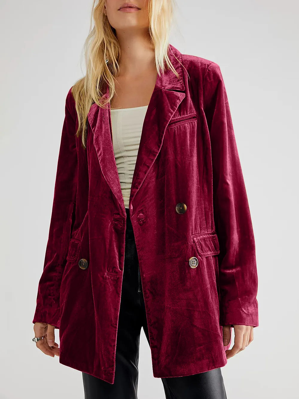Lapel Collar Long Sleeve Blazer with Pockets Burgundy - Fashorio