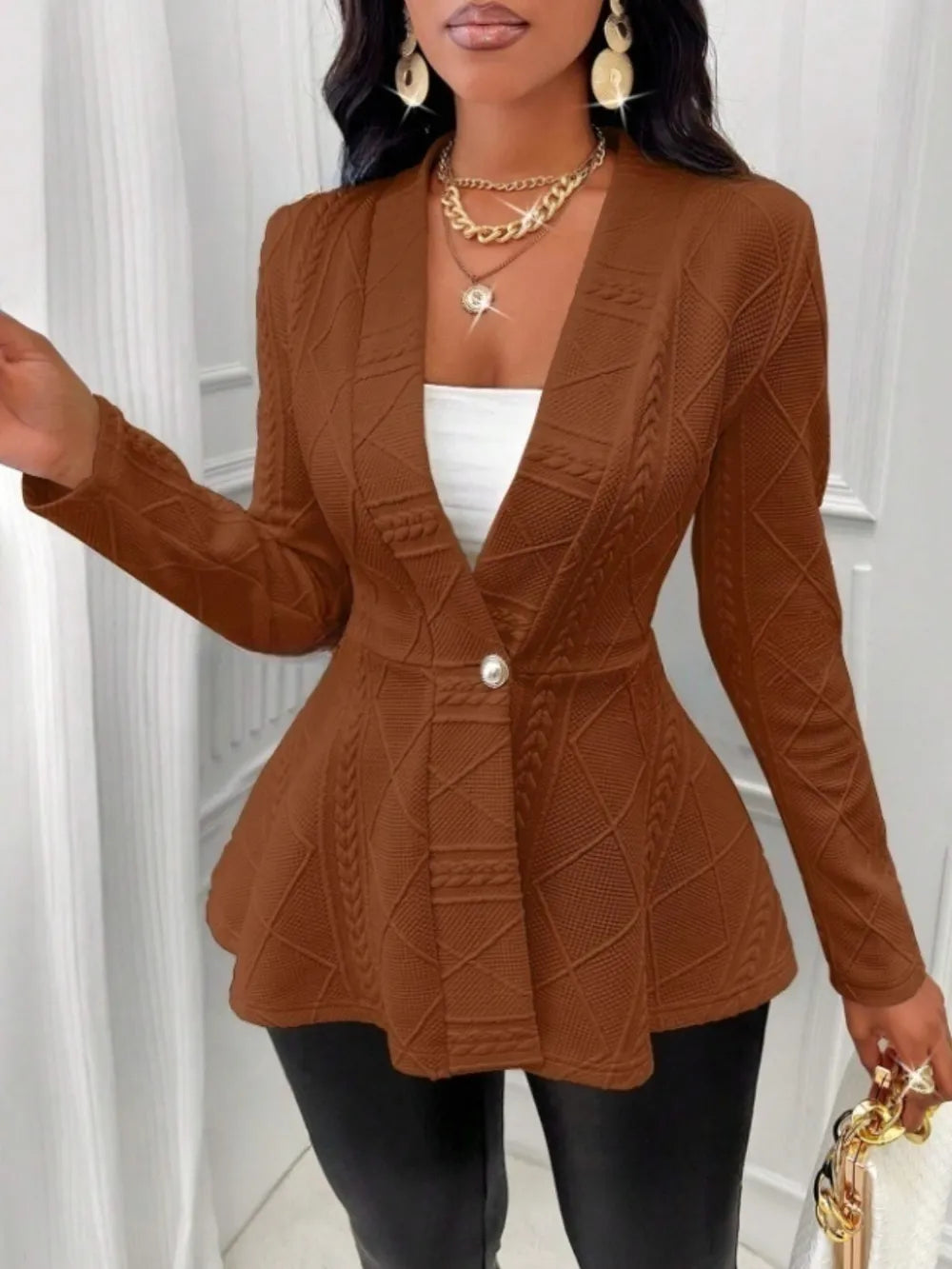 One Button Textured Peplum Cardigan Dark Brown - Fashorio