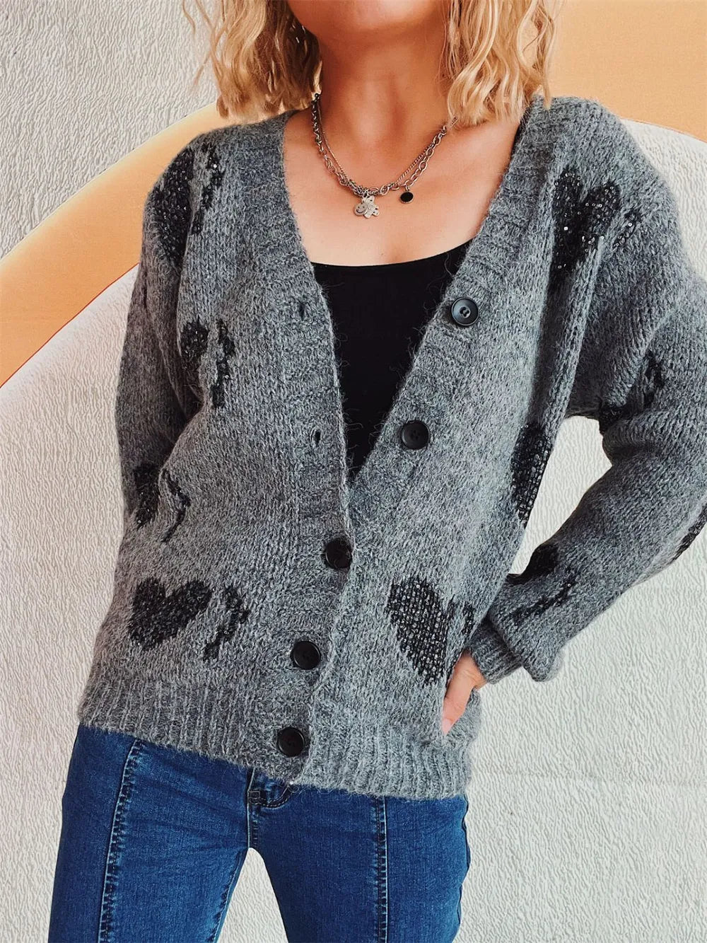 Heart Button Up Long Sleeve Cardigan - Fashorio