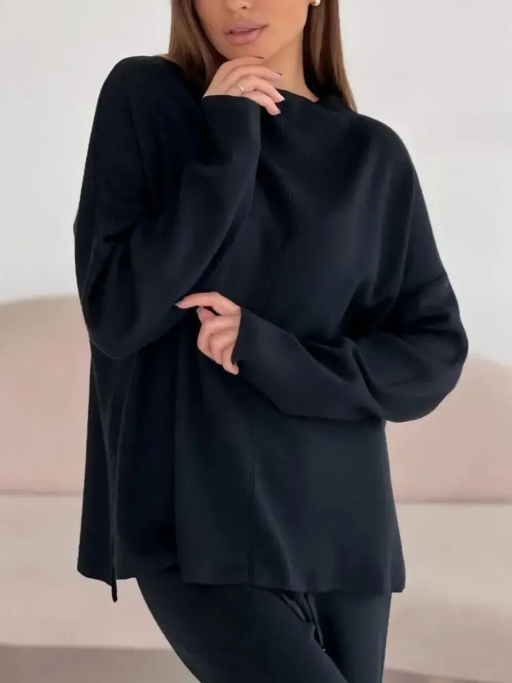 Slit Mock Neck Top and Pants Sweater Set Black - Fashorio