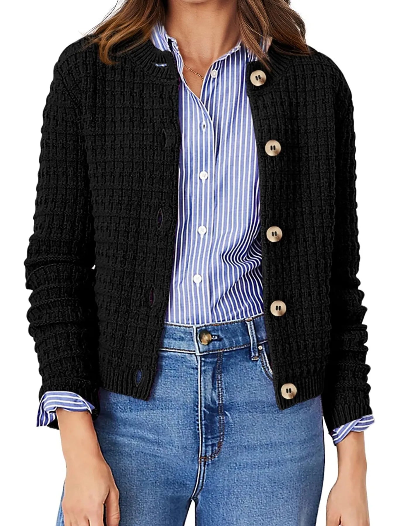 Textured Knit Button-Front Cardigan Black - Fashorio
