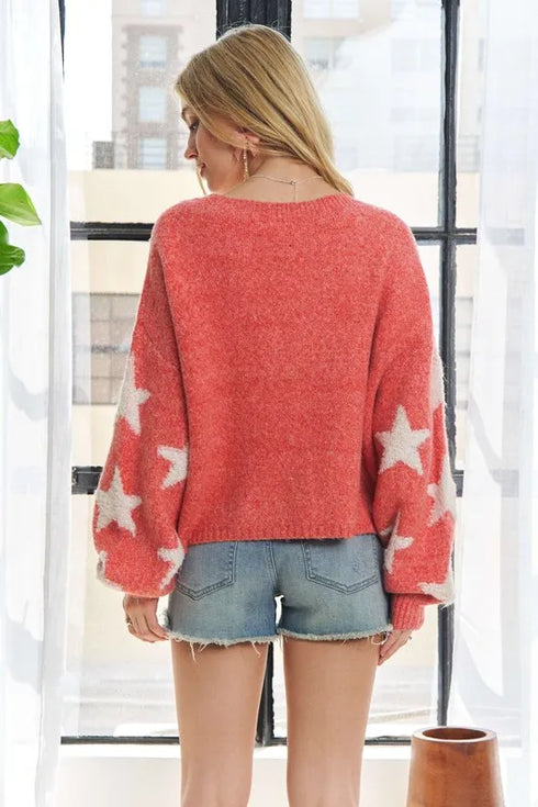 ADORA Full Size Star Contrast Round Neck Sweater Plus Size - Fashorio