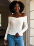 Off-Shoulder Ribbed Knit Top White - Fashorio