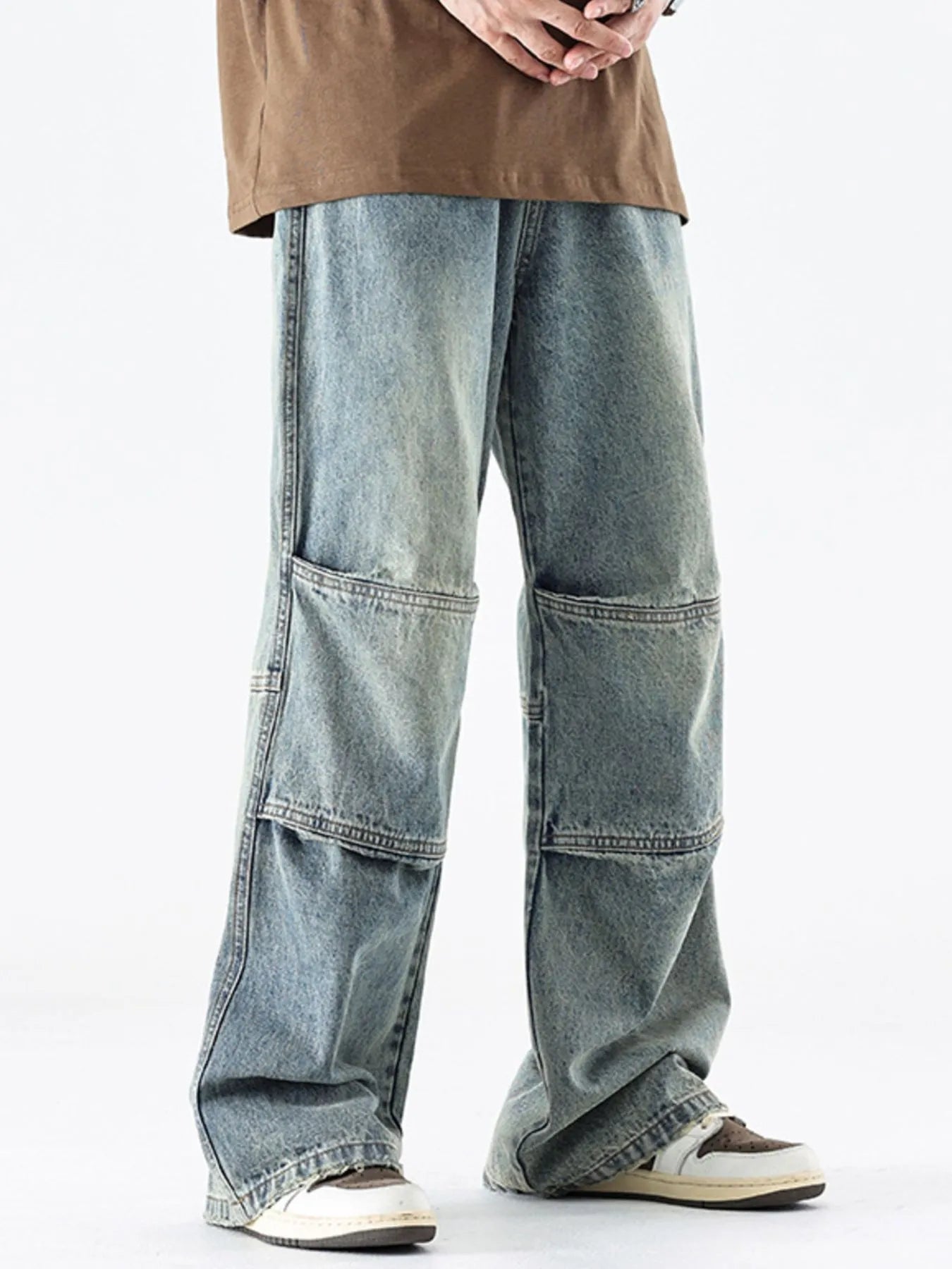 Men's Vintage Wide Leg Utility Jeans with Multi-Panel Design Cheese Yellow - Fashorio