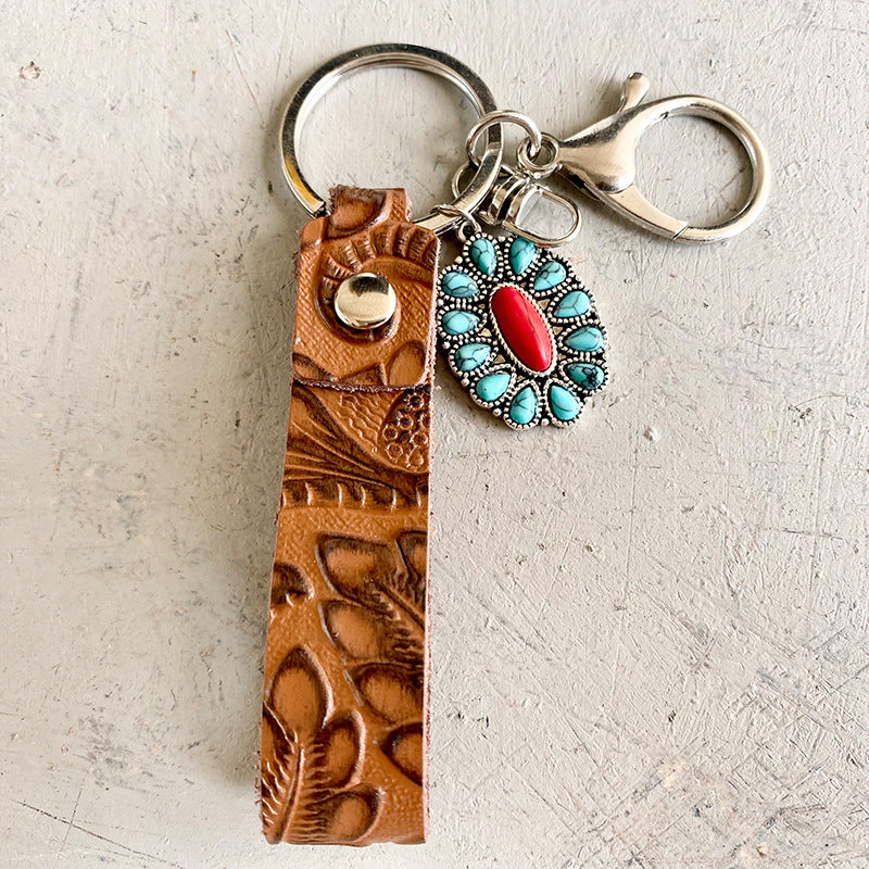 Turquoise Genuine Leather Key Chain Style B One Size - Fashorio