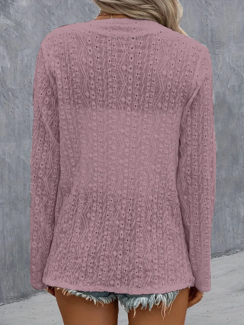 Eyelet Roll-Tab Sleeve Cardigan - Fashorio