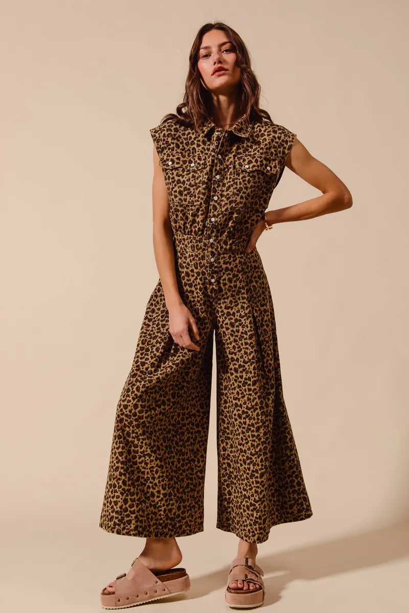 SO ME Wide Leg Leopard Twill Overalls Jumpsuit with Tuck - Fashorio