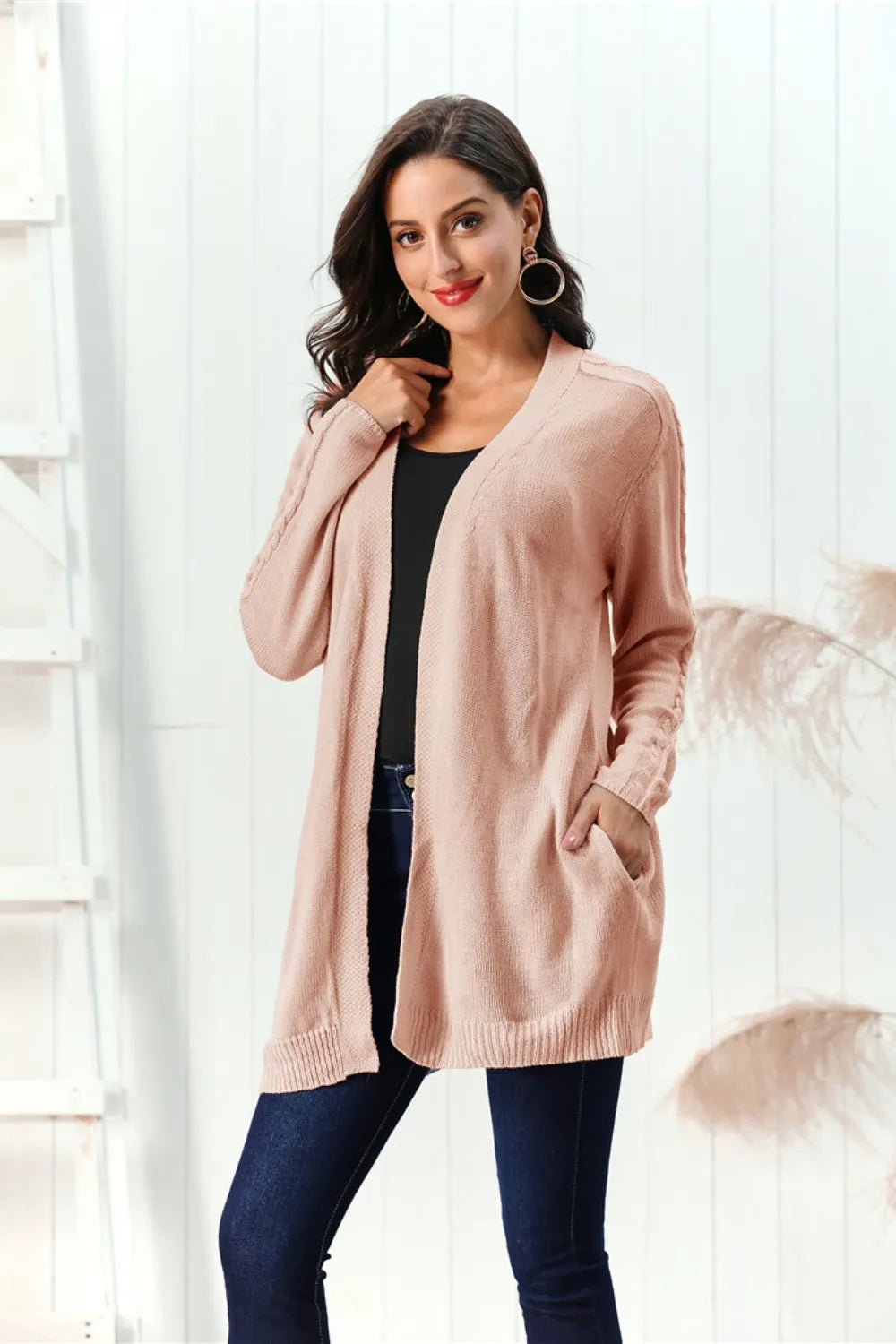 Cable-Knit Open Front Long Sleeve Cardigan - Fashorio