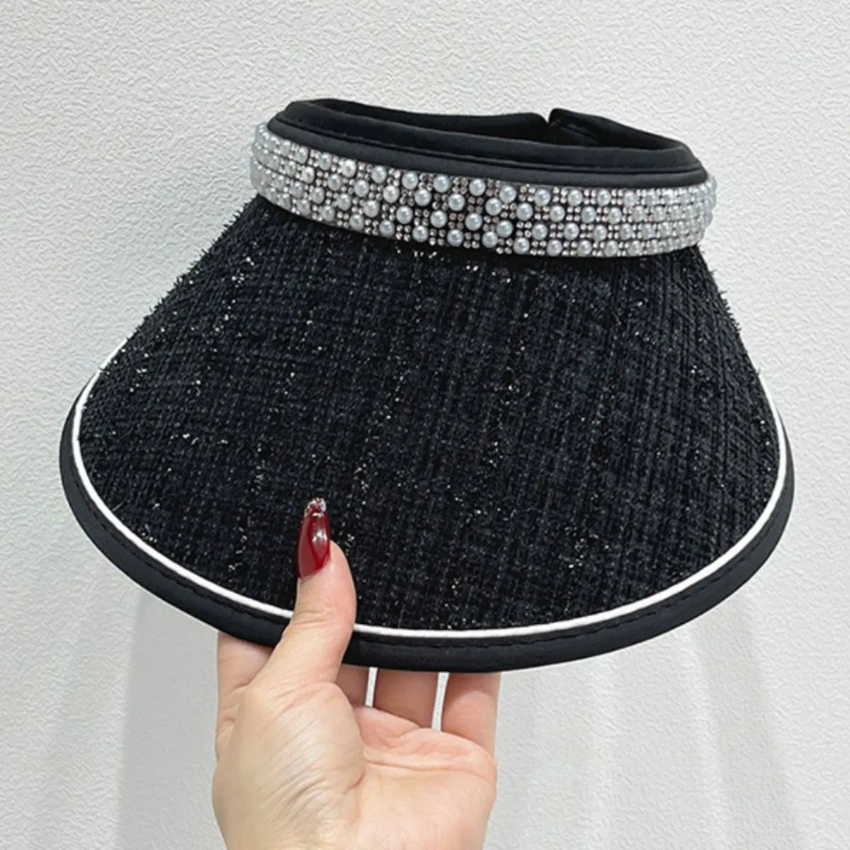 Pearl Detail Sunscreen Hat Black One Size - Fashorio
