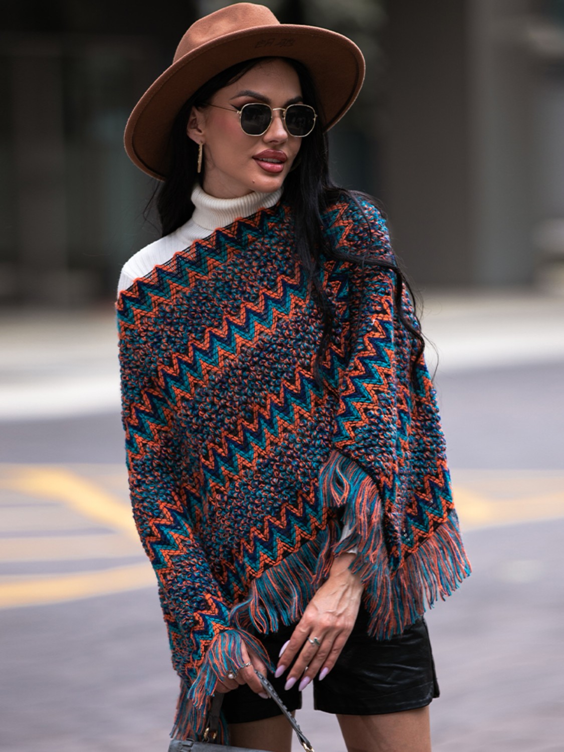 Shiny Fringe Hem Boat Neck Poncho - Fashorio