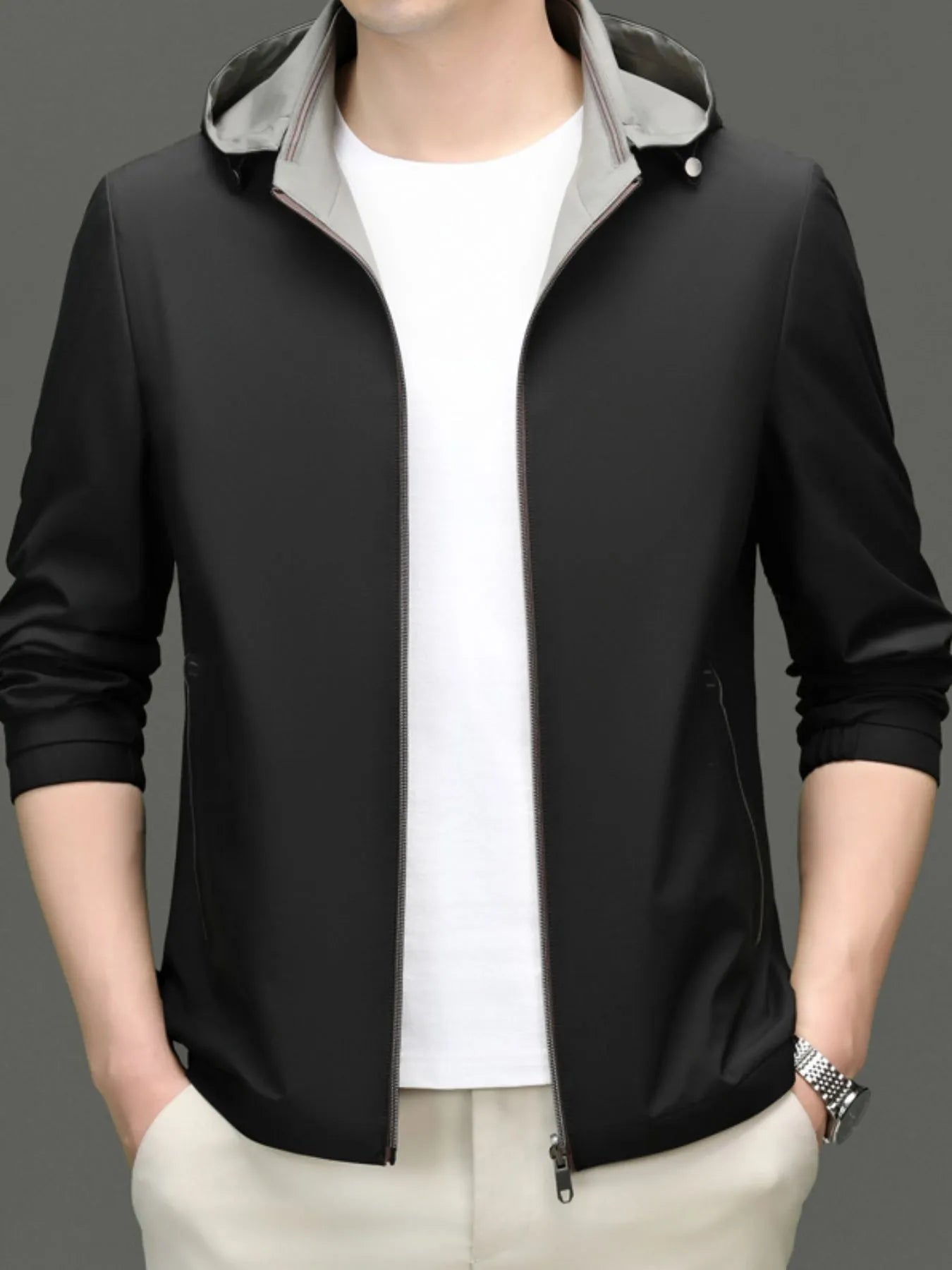 Men's Plus Size Zip Up Long Sleeve Hooded Jacket Black - Fashorio