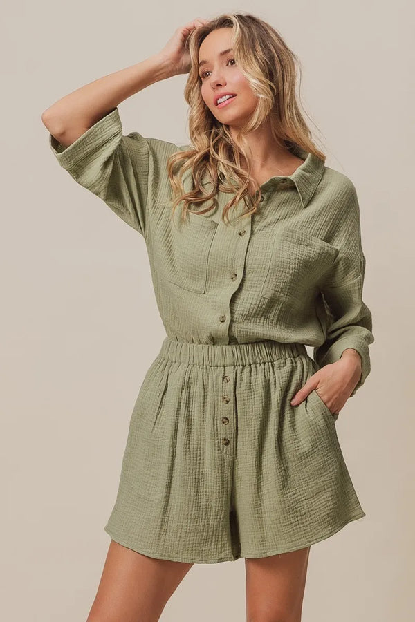 BiBi Crinkle Gauze Shirt and Short Set SAGE - Fashorio