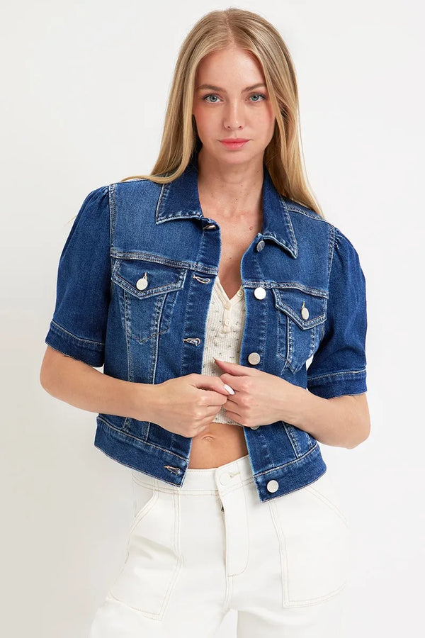 RISEN Puffed Short Sleeve Crop Denim Jackets DARK - Fashorio