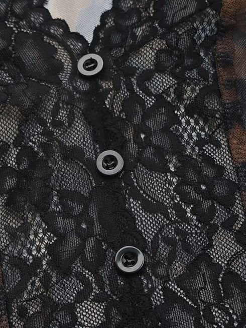 Perfee Leopard V-Neck Lace Bodysuit - Fashorio