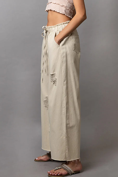 POL Distressed Drawstring Slit Wide leg Pants - Fashorio