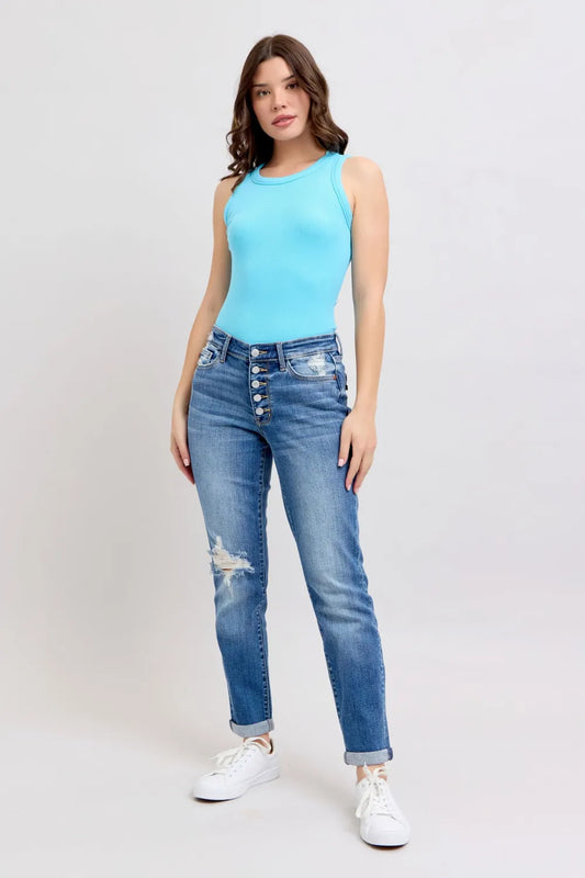 Judy Blue Full Size Button Fly Distressed Jeans with Pockets Plus Size - Fashorio