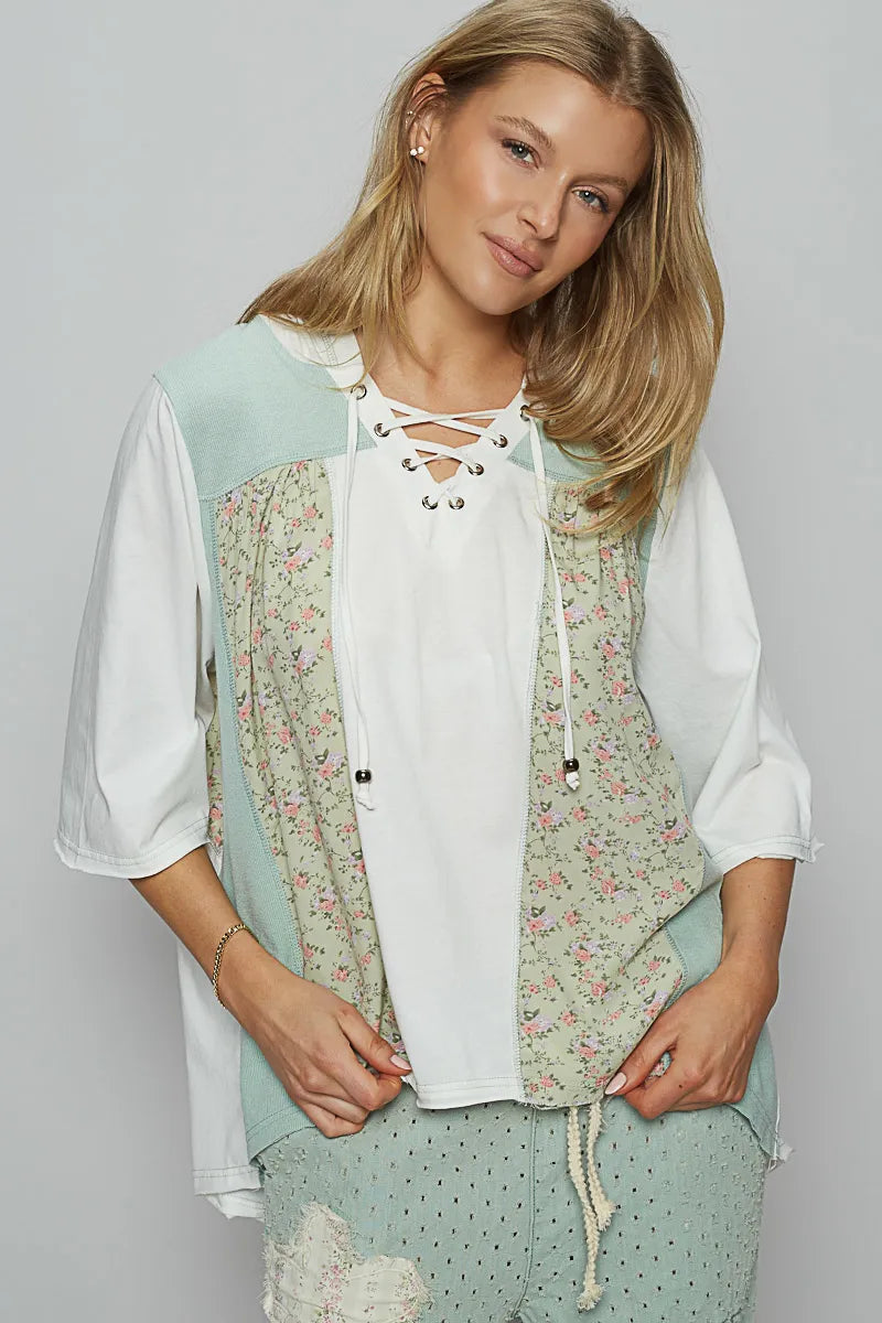POL Lace-Up Hooded T-Shirt with Paisley Panel Detail - Fashorio