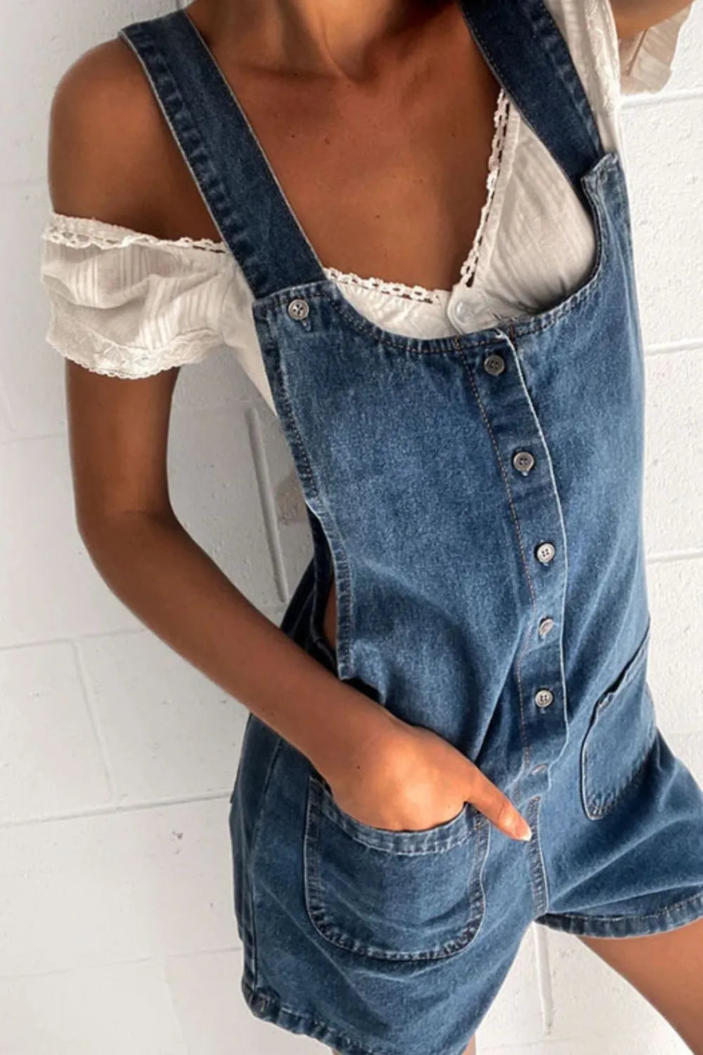 Button Front Denim Overall Shorts with Front Pockets - Fashorio