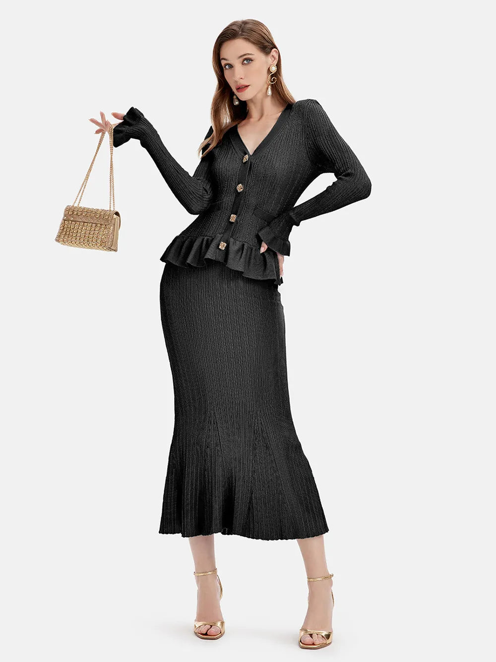 Ruffled V-Neck Top and Midi Skirt Sweater Set Black One Size - Fashorio