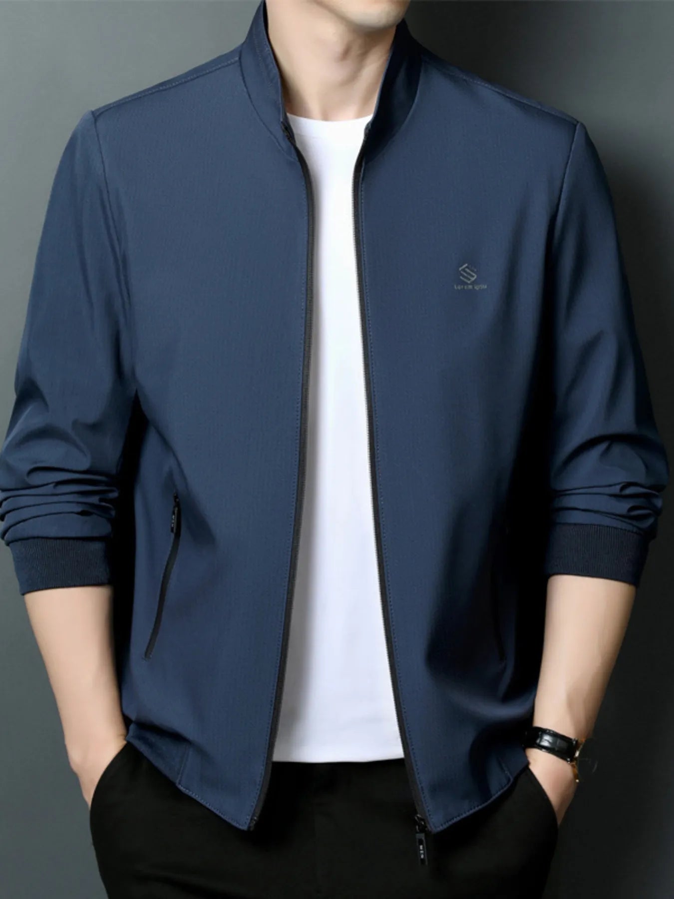Men's Plus Size Zip Up Long Sleeve Jacket Blue - Fashorio
