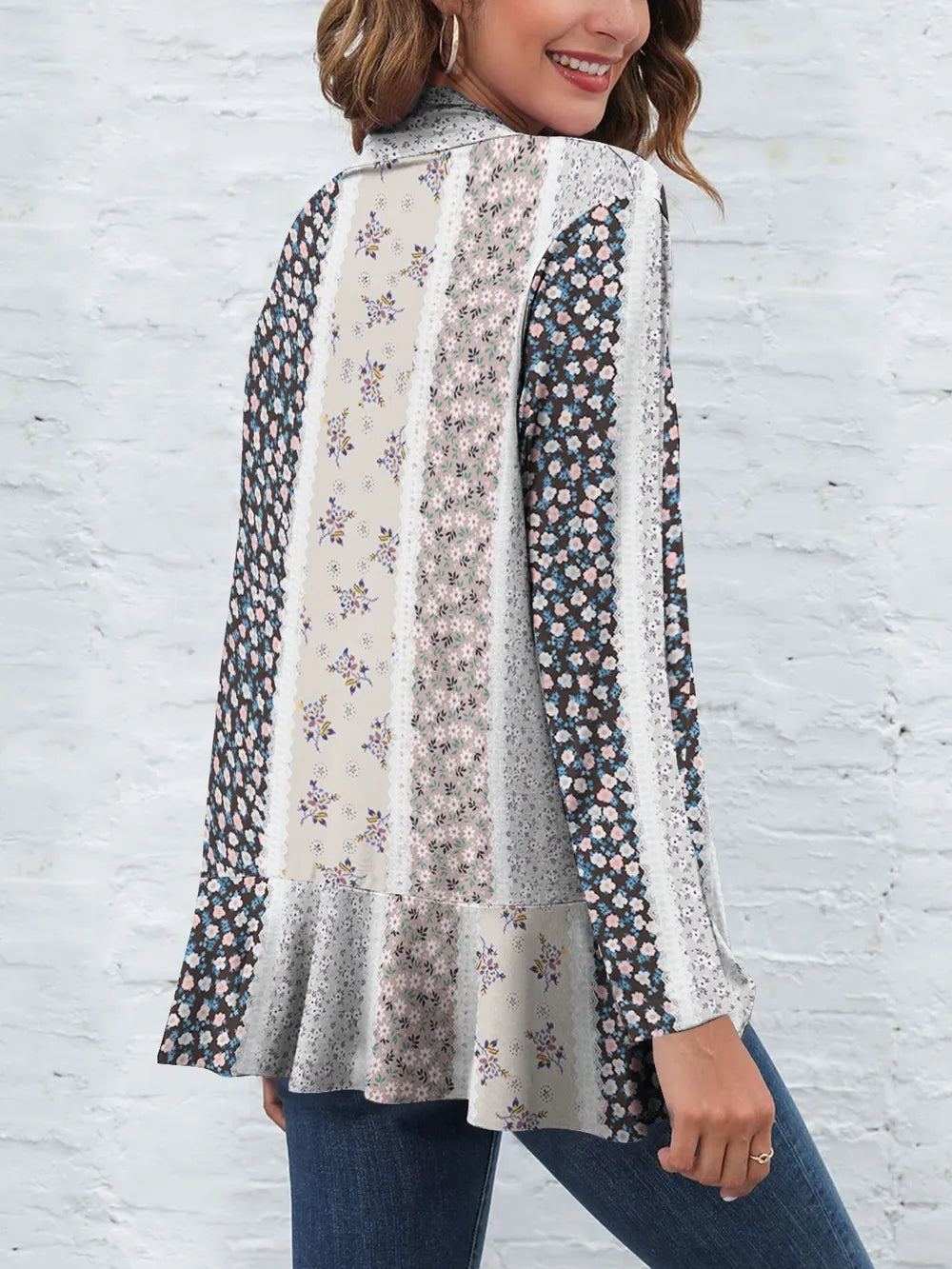 FAM-FAM Printed Open Front Long Sleeve Cardigan - Fashorio