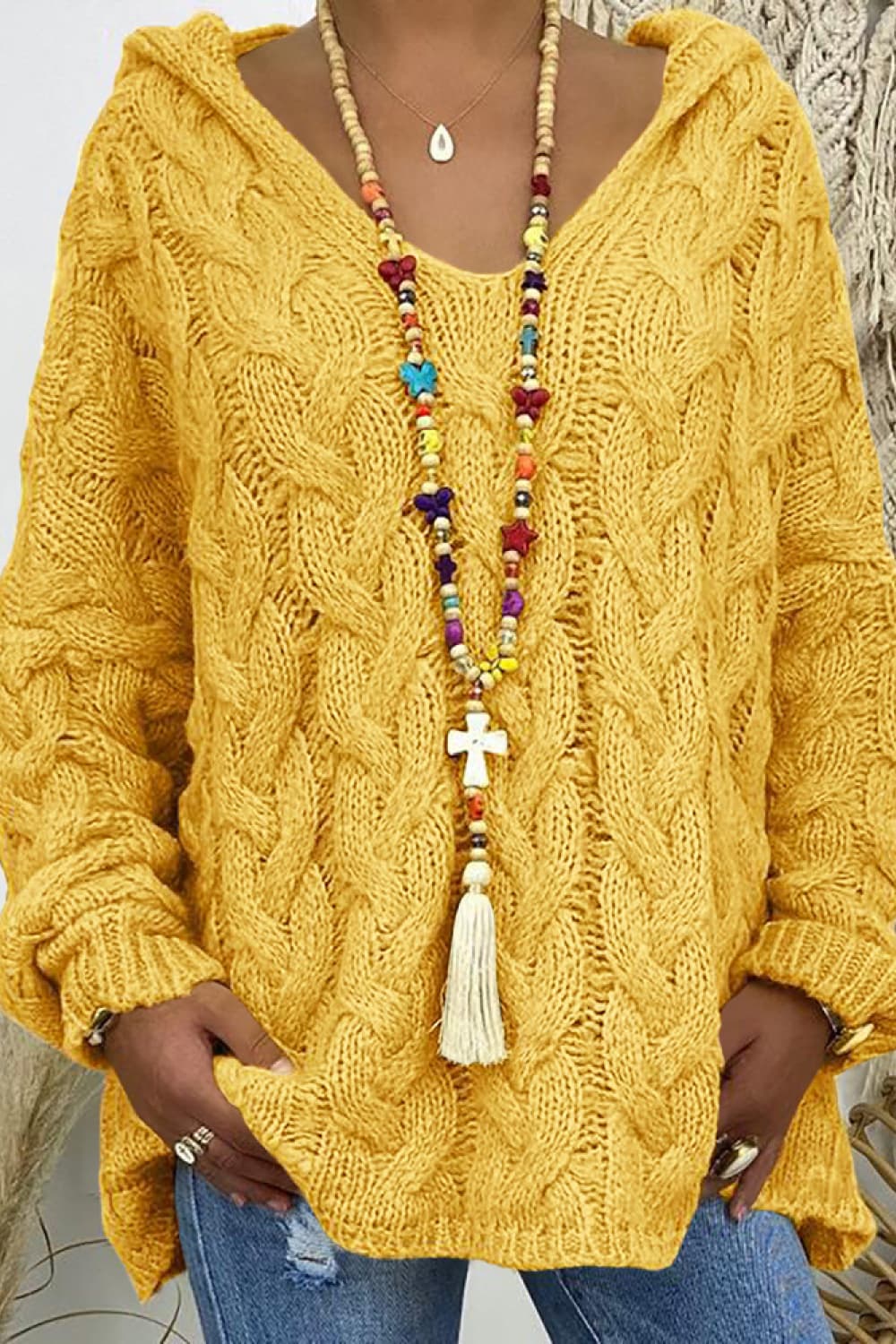Cable-Knit Hooded Sweater Yellow - Fashorio