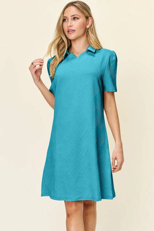 Double Take Full Size Texture Collared Neck Short Sleeve Dress - Fashorio