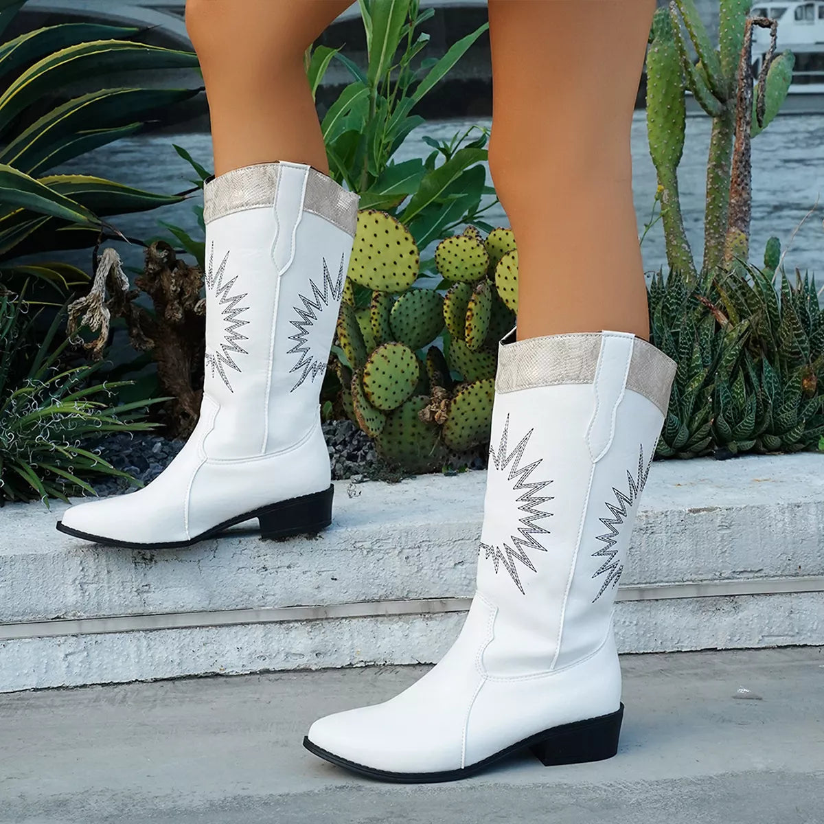 Point Toe Block Heels Boots White - Fashorio