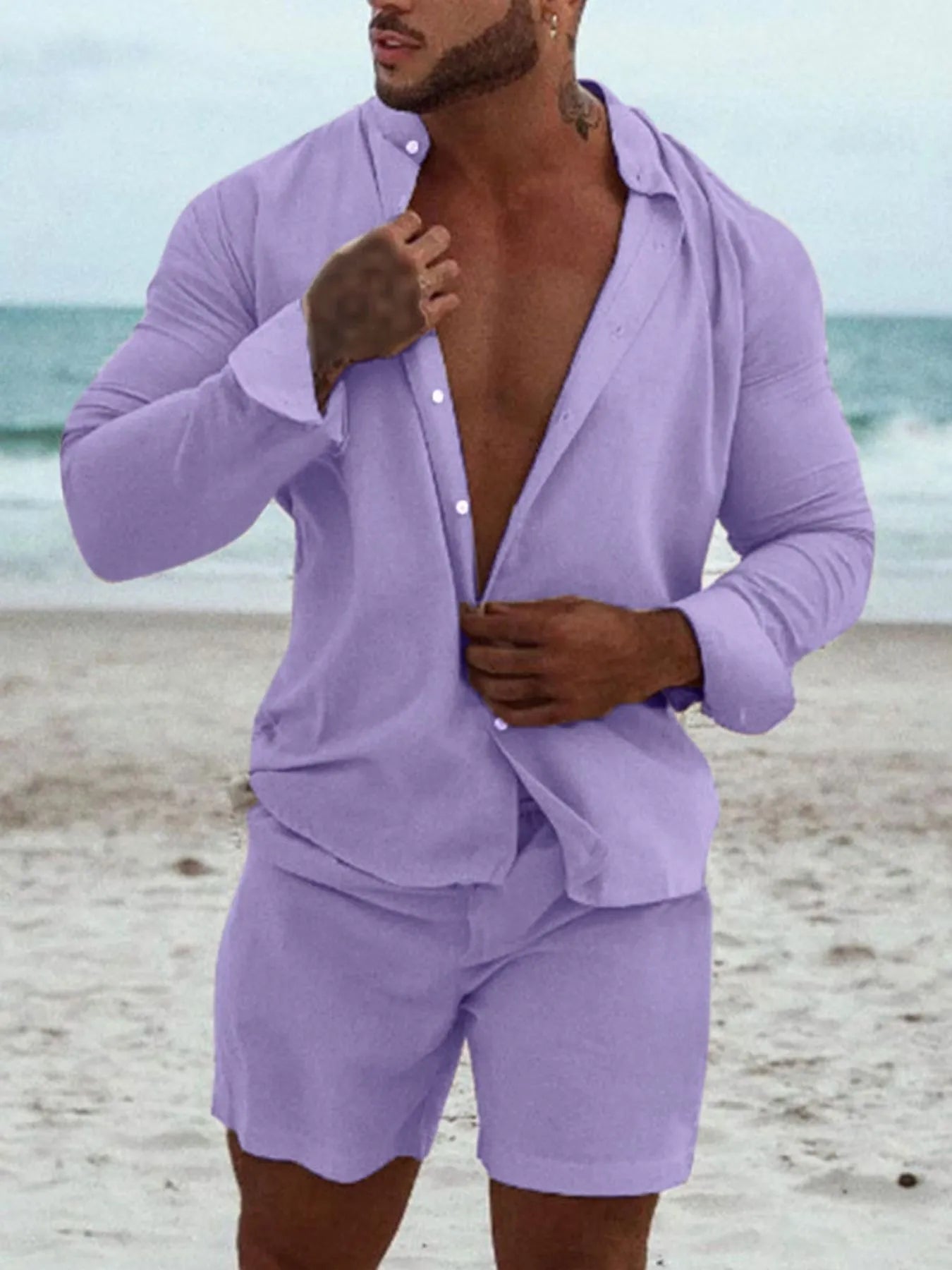 Men's Full Size Button Up Long Sleeve Shirt and Shorts Set Plus Size - Fashorio