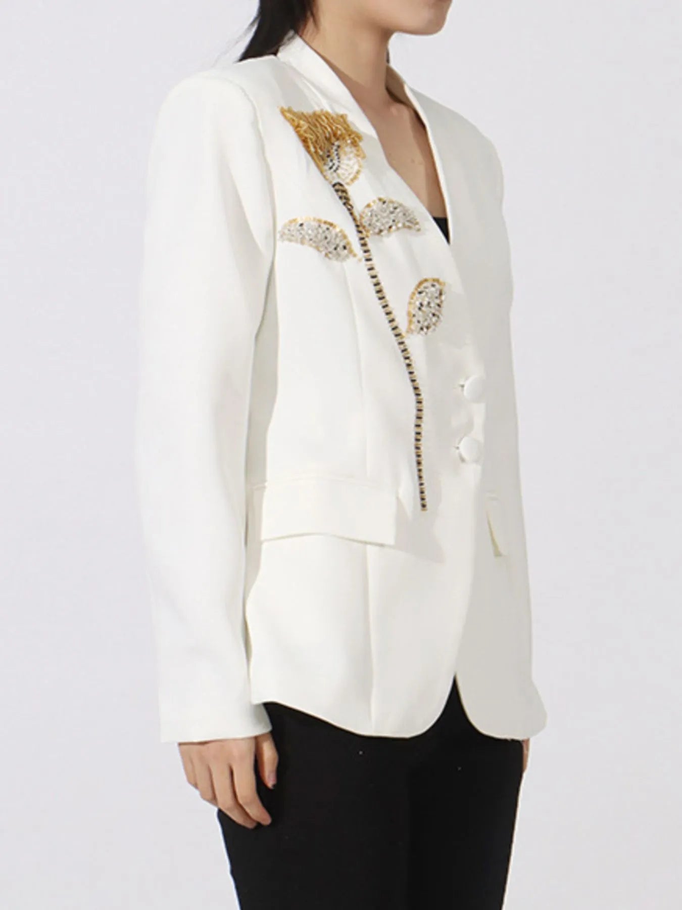 Flower Button Front Long Sleeve Blazer - Fashorio