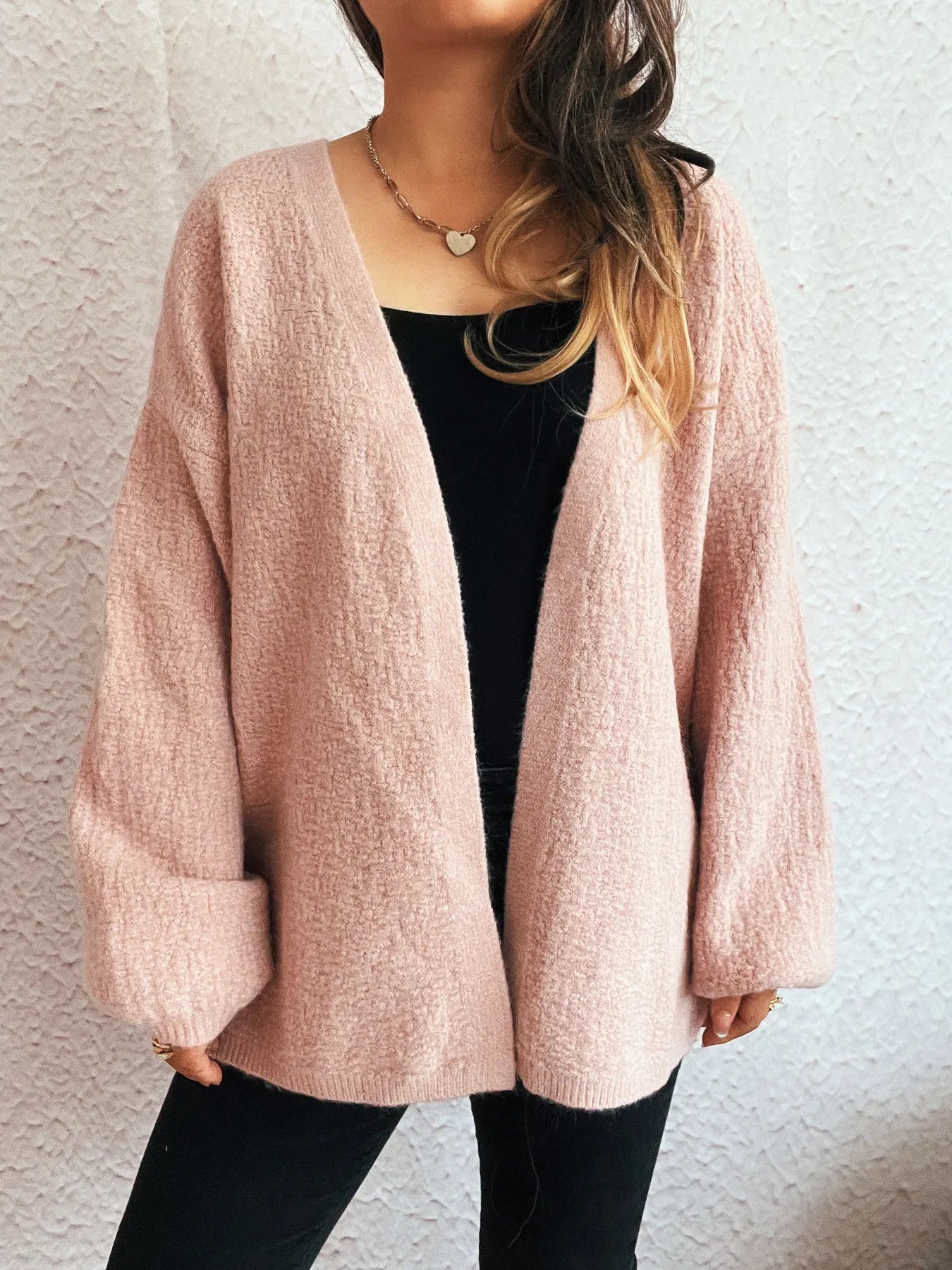 Open Front Long Sleeve Cardigan Pink One Size - Fashorio