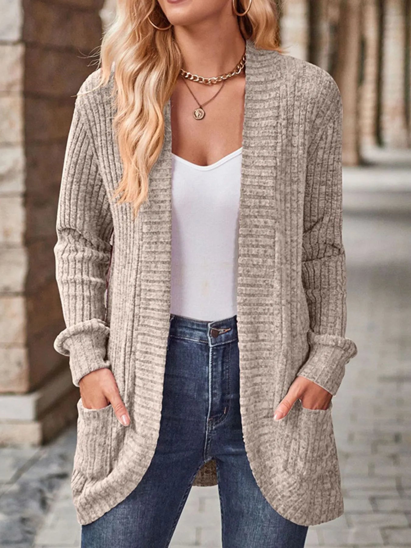 Ribbed Knit Open Front Cardigan with Pockets Gray - Fashorio