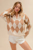 BiBi Diamond Pattern Collared Notch Neck Sweater - Fashorio