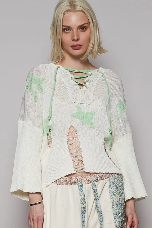POL Distressed Lace-Up Star Pattern Hooded Hooded Sweater Gum Leaf - Fashorio