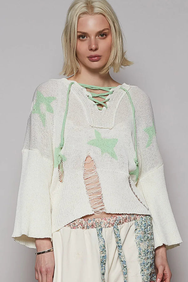 POL Distressed Lace-Up Star Pattern Hooded Hooded Sweater Gum Leaf - Fashorio