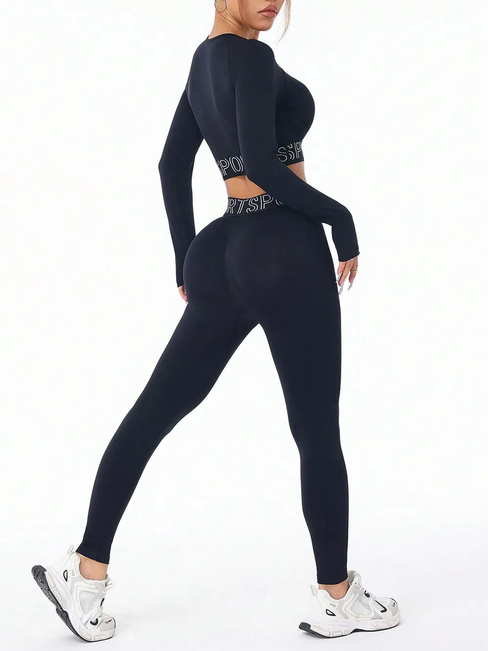 Letter Print Round Neck Long Sleeve Top and Leggings Active Set - Fashorio