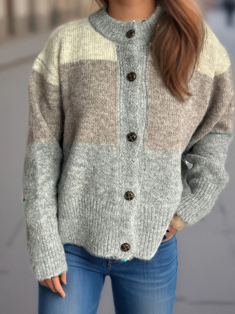 Color Block Round Neck Button Up Cardigan - Fashorio