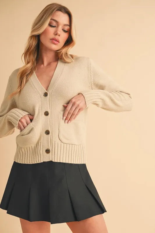 Aemi + Co Ribbed Hem Button Down V-Neck Cardigan - Fashorio