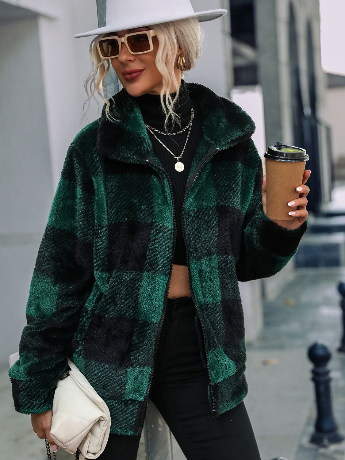 Plaid Zip-Up Collared Jacket Black Forest - Fashorio