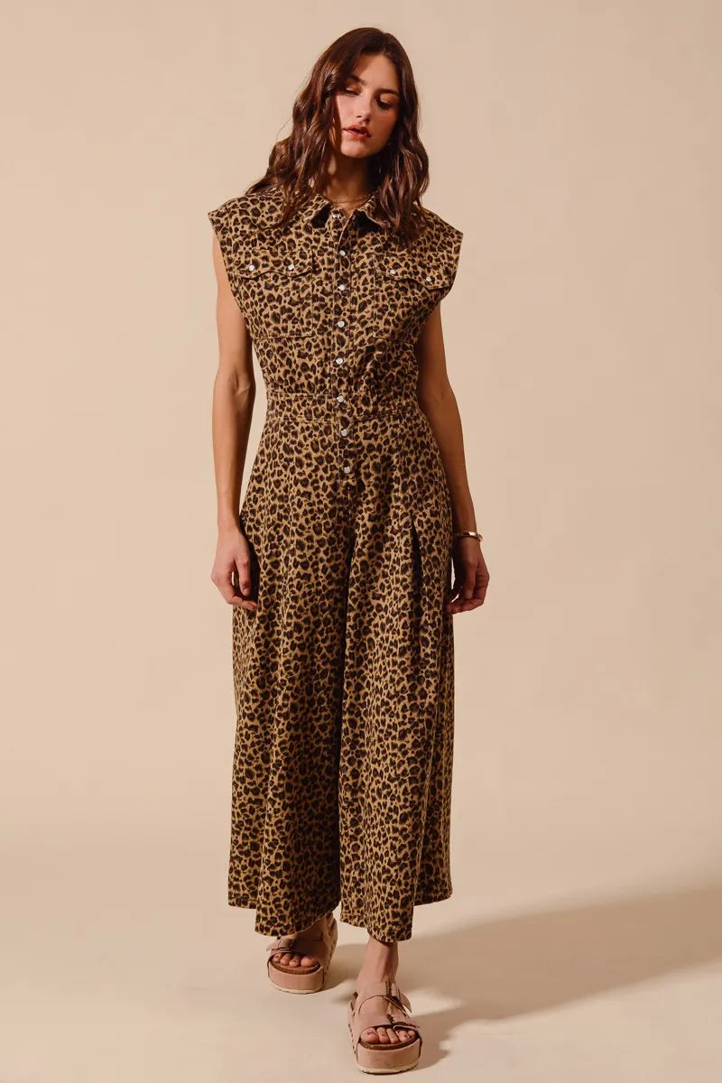 SO ME Wide Leg Leopard Twill Overalls Jumpsuit with Tuck - Fashorio