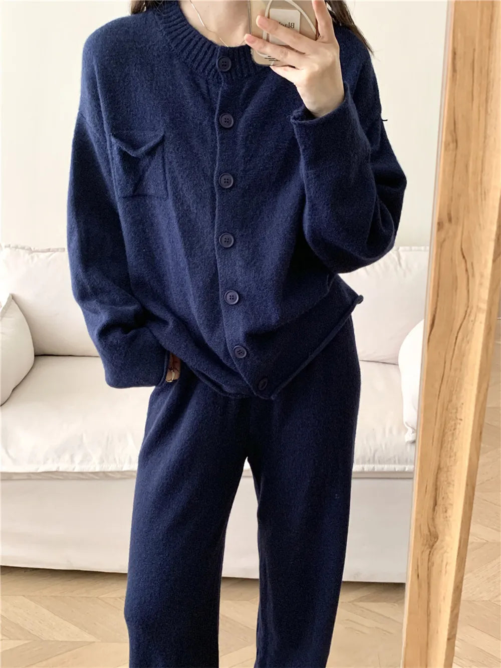 Pocketed Round Neck Button Up Cardigan and Pants Sweater Set - Fashorio