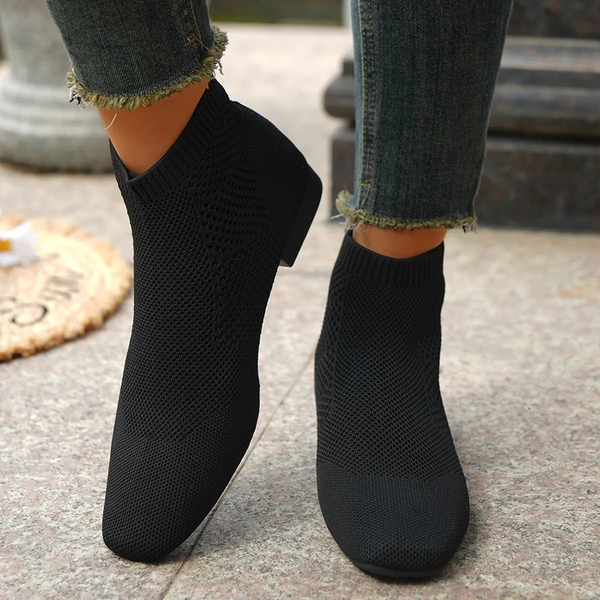 Mesh Knit Ankle Boots with Stretch Comfort Fit Black - Fashorio
