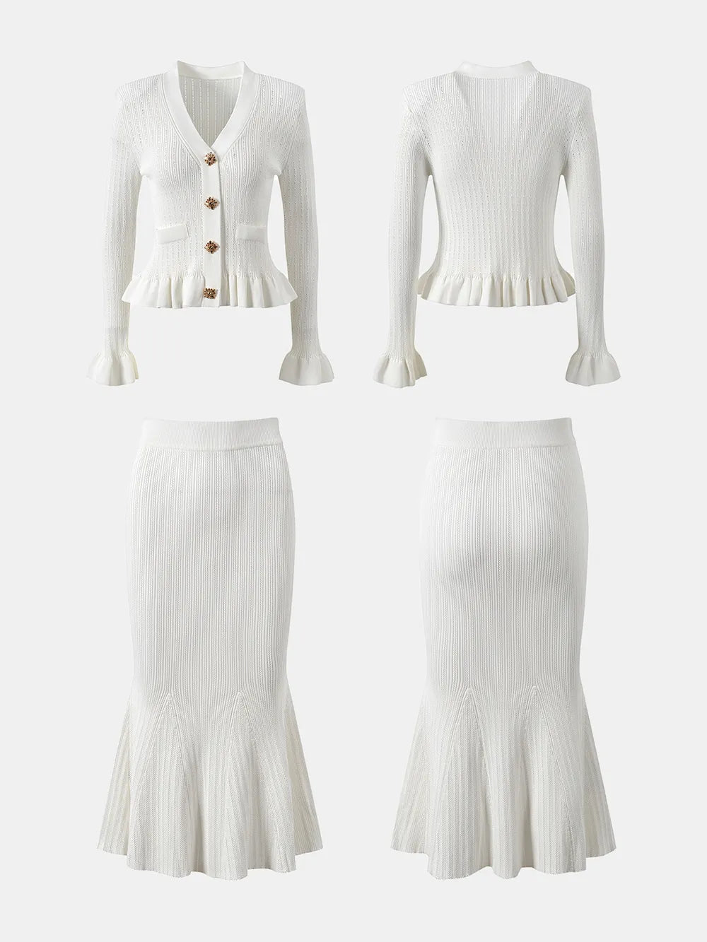 Ruffled V-Neck Top and Midi Skirt Sweater Set - Fashorio