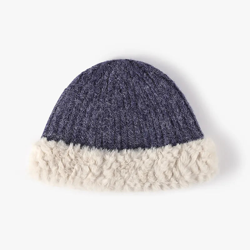 Fuzzy Hem Knit Hat Indigo One Size - Fashorio