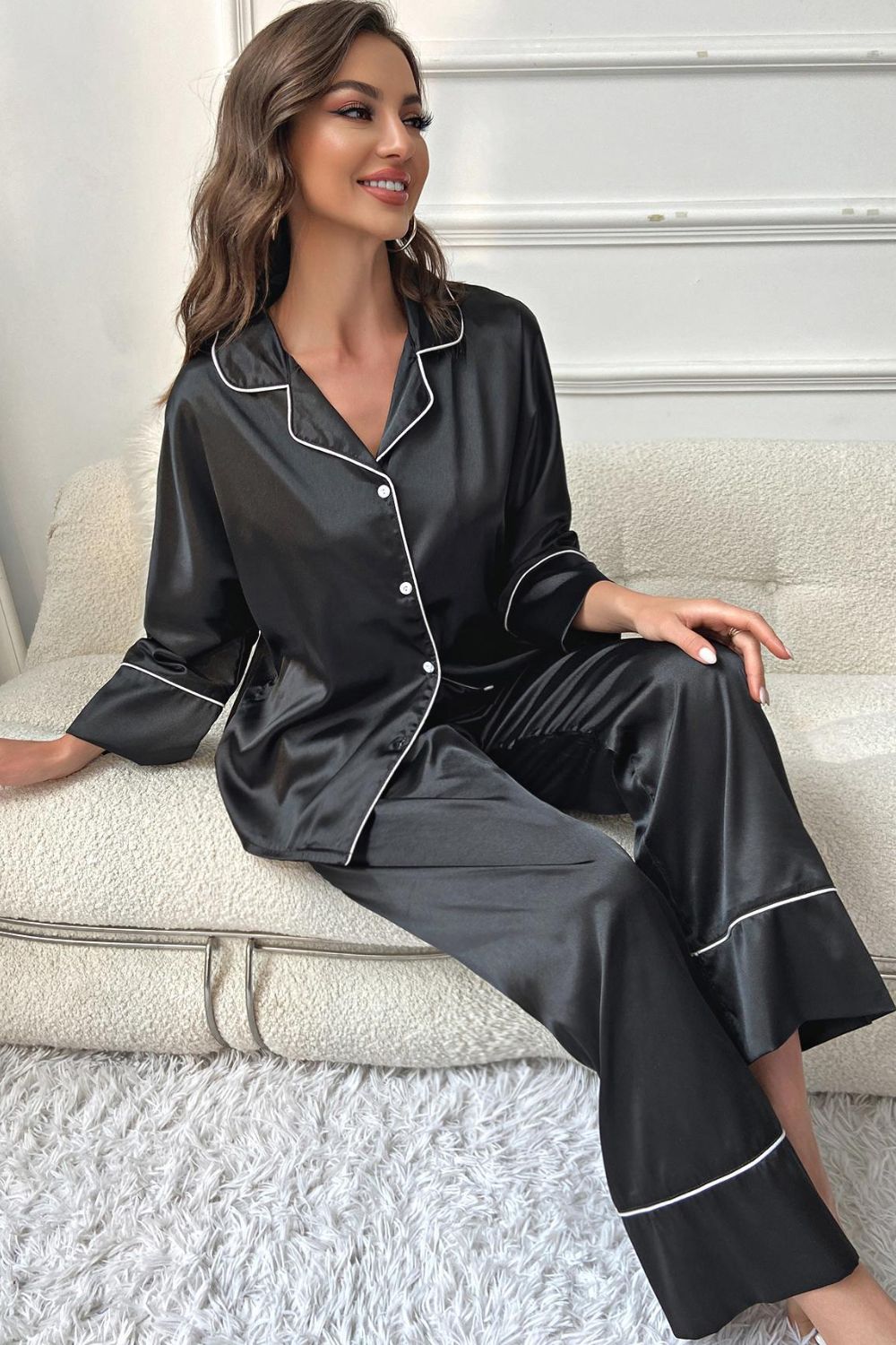 Contrast Piping Button-Up Top and Pants Pajama Set - Fashorio
