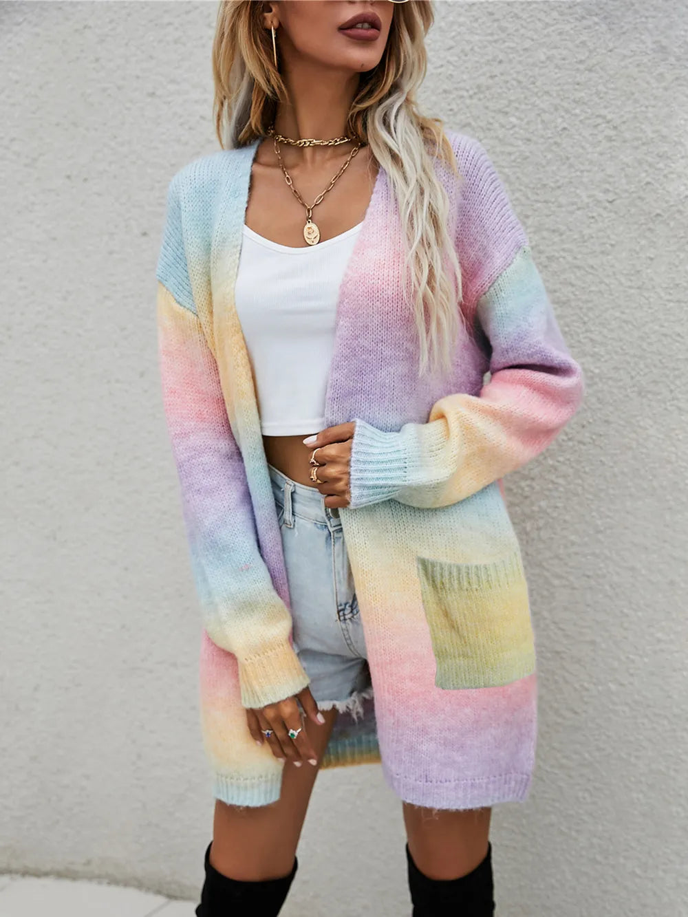 Angel Wings Full Size Pocketed Open Front Gradient Cardigan - Fashorio