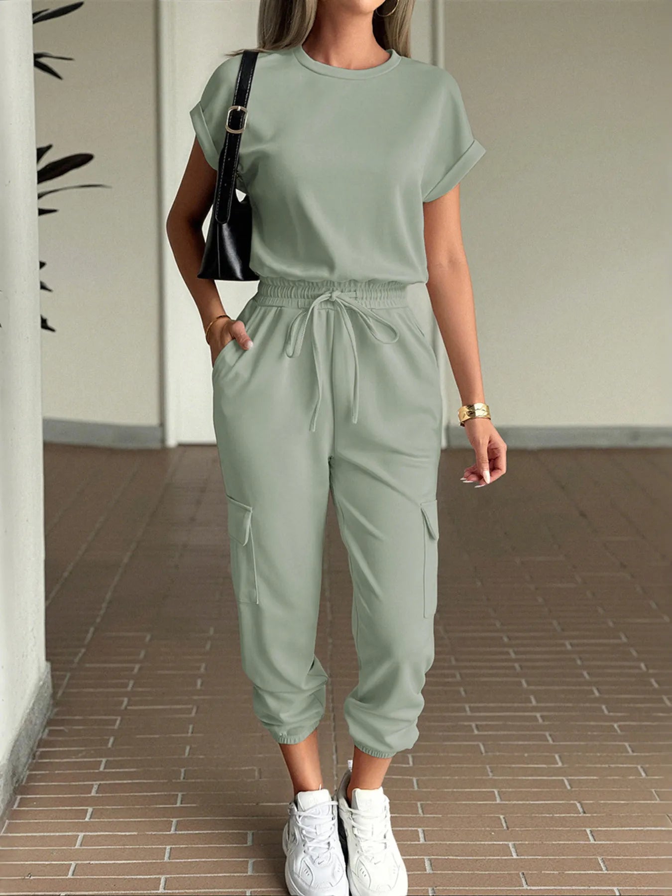 Round Neck Short Sleeve Top and Pants Set Matcha Green - Fashorio
