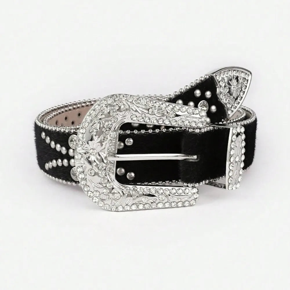 PU Leather Inlaid Rhinestone Belt - Fashorio