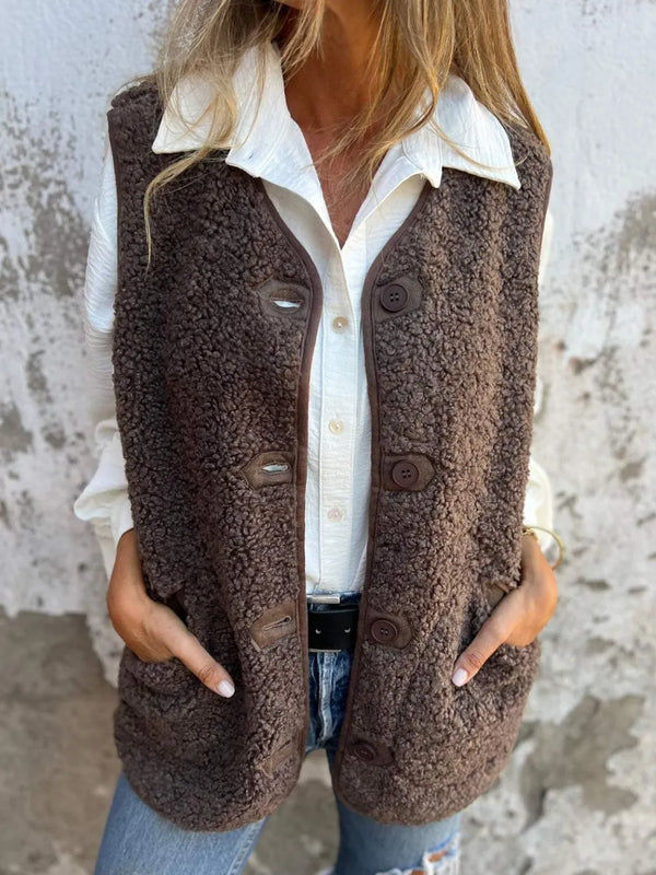 Full Size Pocketed Button Up V-Neck Sherpa Vest Coffee Brown - Fashorio