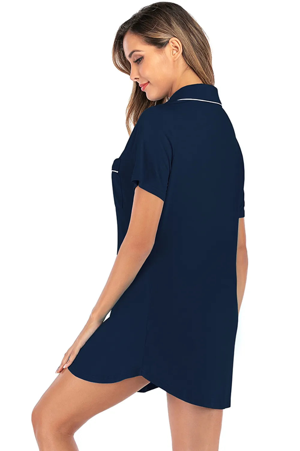 Contrast Piping Pocketed Short Sleeve Lounge Dress - Fashorio